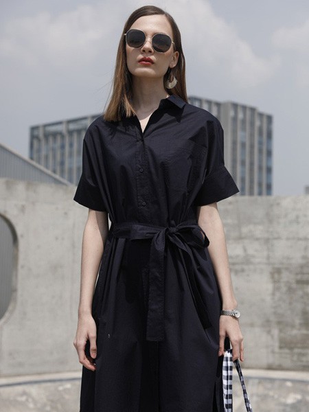 吉米赛欧女装2022春夏季黑色蝴蝶结衬衫裙