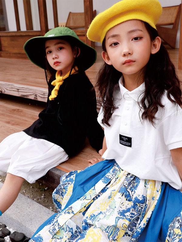 茶子树童装2022春夏季白色印花polo衫