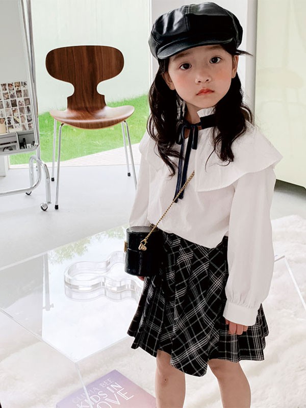 茶子树童装2022春夏季黑色格子短裙