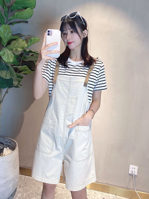 艾蜜唯娅2022春夏季白色纯色背带裤