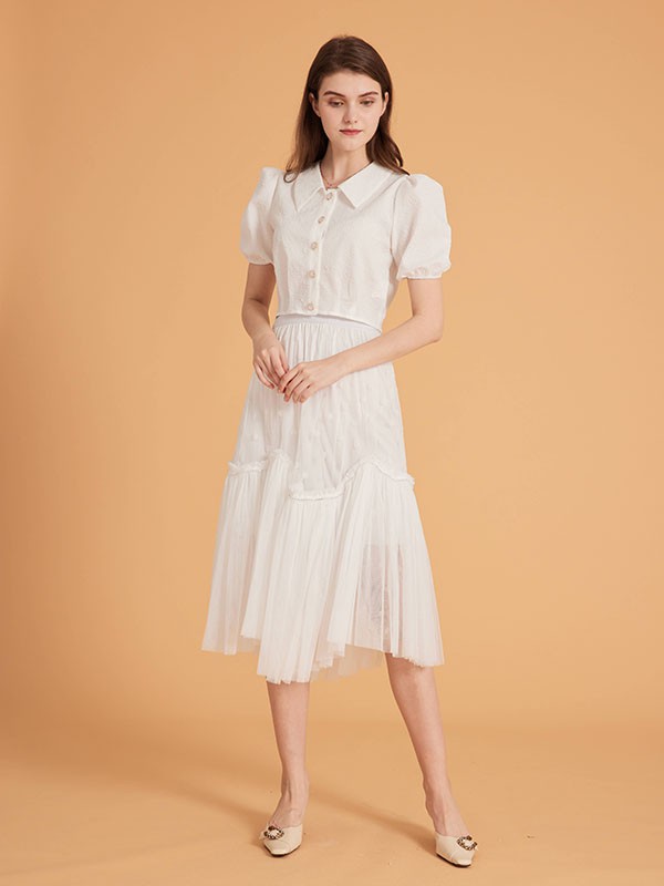集娴2021春夏季白色褶皱半身裙