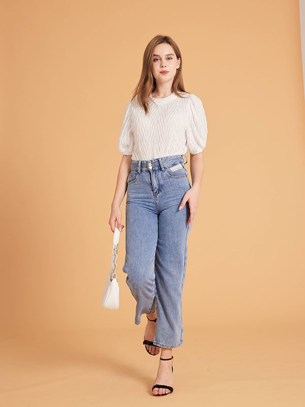 集娴2022春夏季蓝色纯色长裤