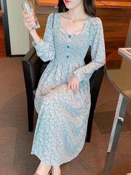 范可辛女装2022春夏季蓝色印花连衣裙