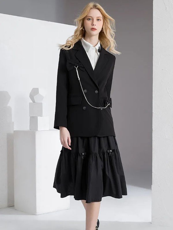 艾奴伊2022春夏季黑色纯色半身裙