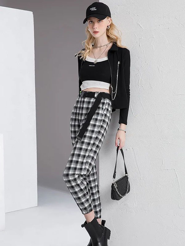 艾奴伊2022春夏季白色格子长裤