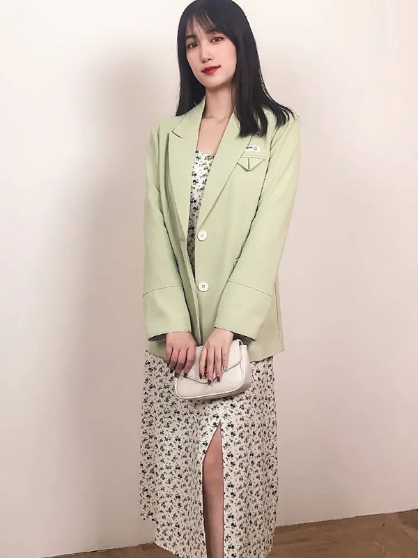 艾奴伊2022春夏季绿色纯色西装