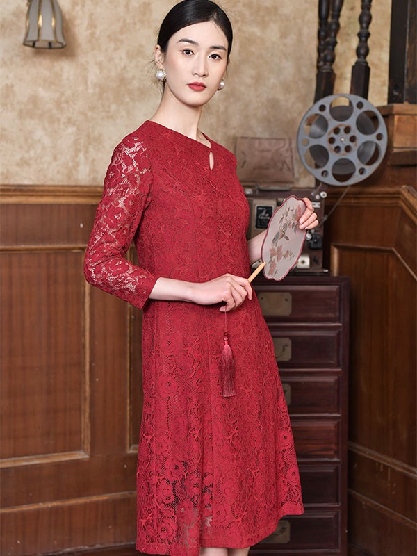 佐尔美2022春夏季红色蕾丝连衣裙