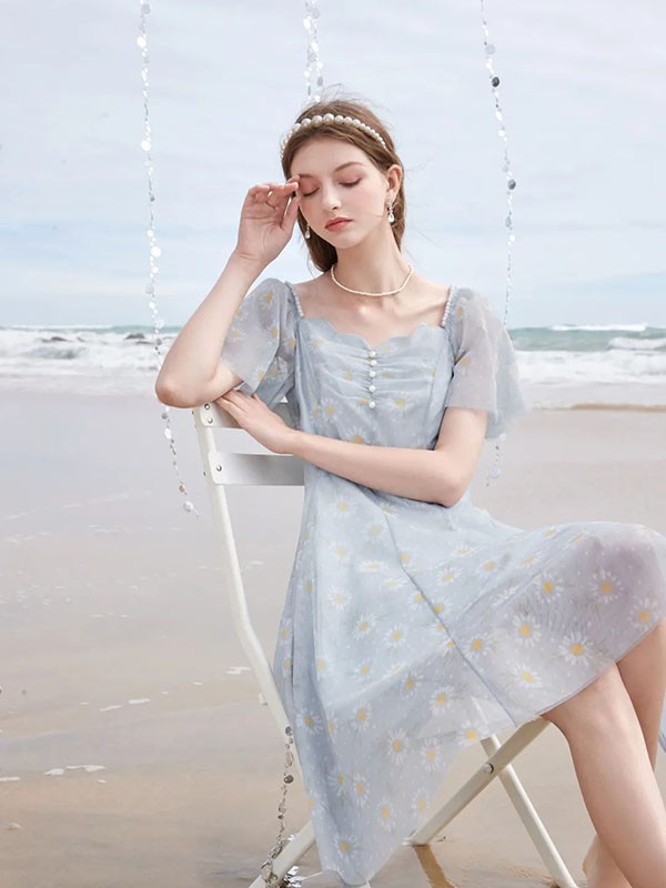 UU2022春夏季灰色泡泡袖连衣裙