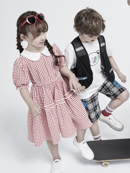 Minitries童装2022春夏季粉色格子连衣裙