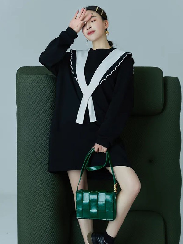 红提女装2022春夏季黑色印花连衣裙