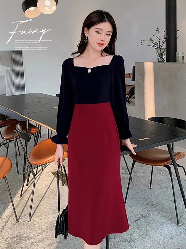 蓝语女装2022春夏季酒红色荷叶边包臀裙