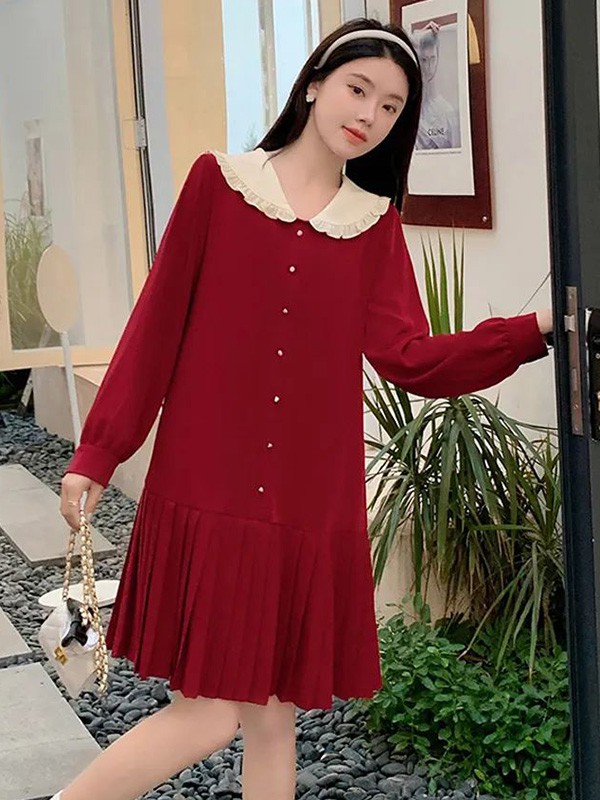 蓝语2022春夏季酒红色娃娃领连衣裙