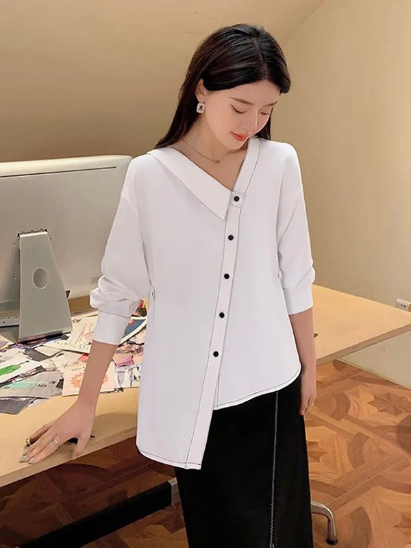 蓝语女装2022春夏季白色不对称衬衫