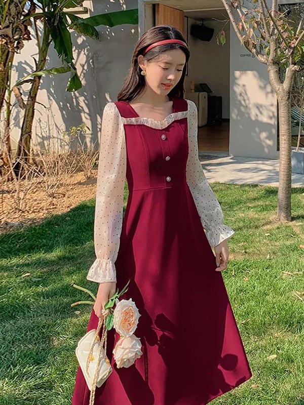 蓝语2022春夏季酒红色纯色吊带裙