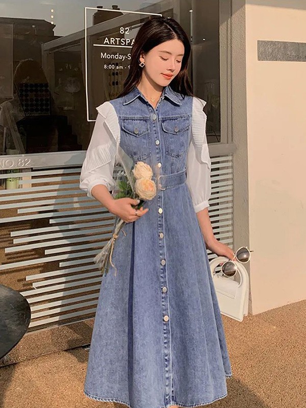 蓝语女装2022春夏季拼色拼接连衣裙