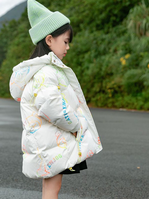 妈爱家童装2021秋冬季白色印花棉服