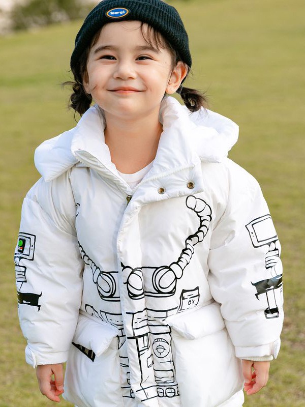 妈爱家童装2021秋冬季白色印花棉服