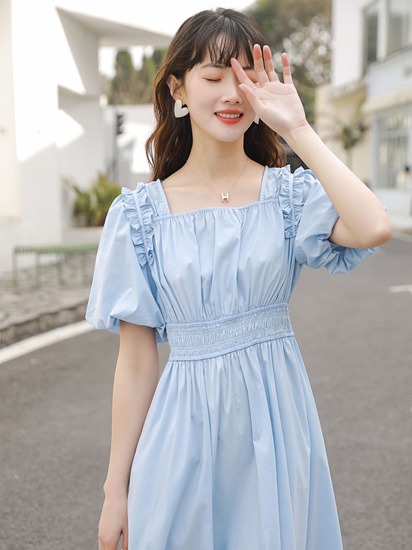 唯可佳2022春夏季蓝色泡泡袖连衣裙