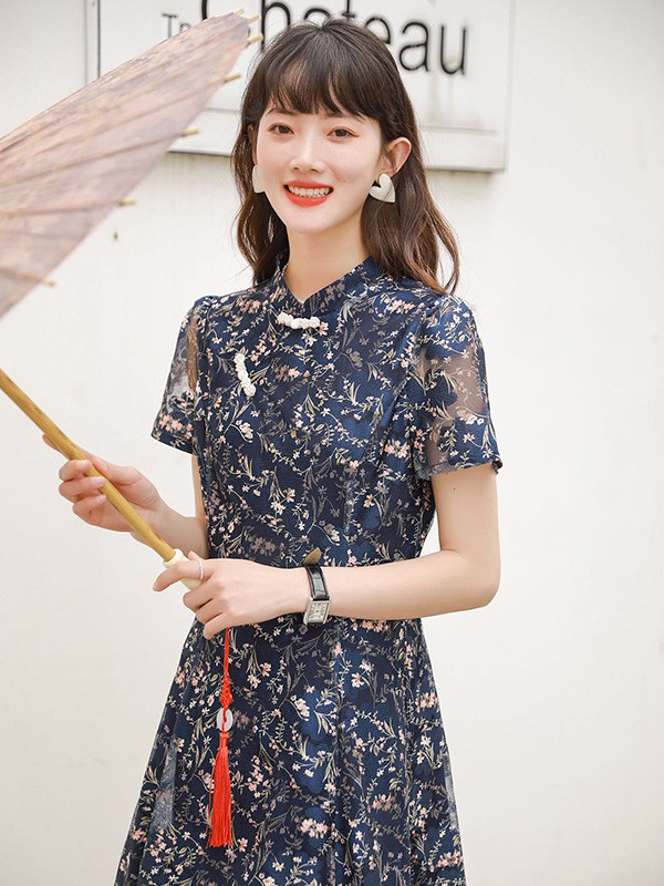 唯可佳2022春夏季藏蓝色印花连衣裙