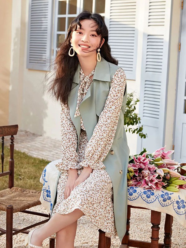 oovv女装2022春夏季绿色纯色马夹