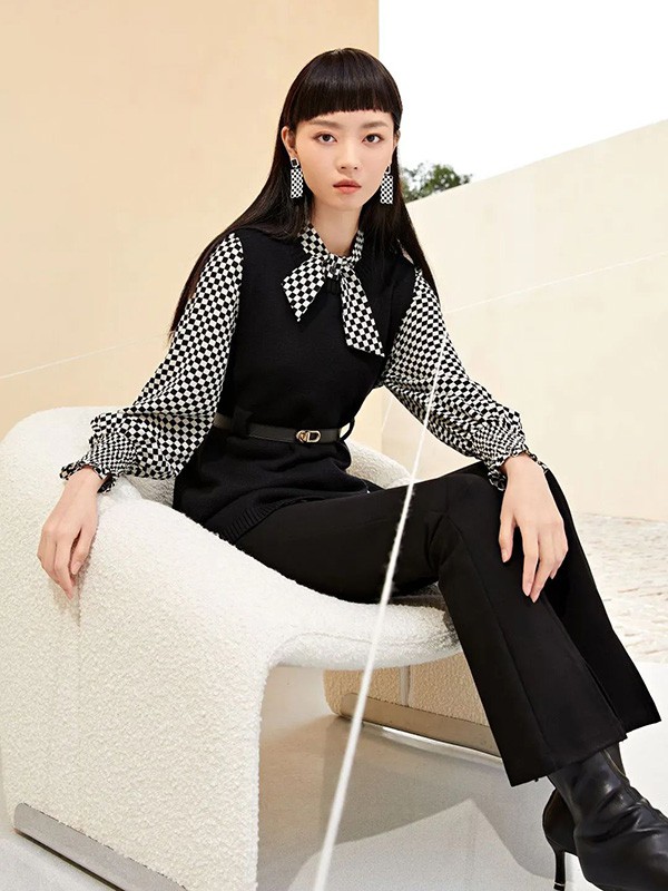 oovv女装2022春夏季黑色纯色长裤