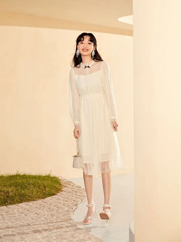 oovv女装2022春夏季白色蕾丝连衣裙