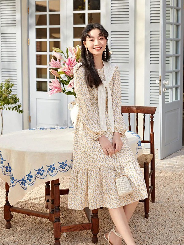 oovv女装2022春夏季白色印花连衣裙