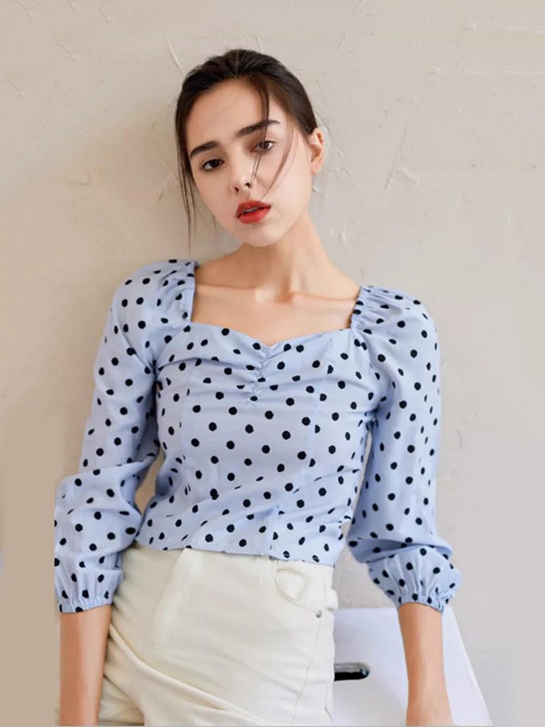 蓝珣2022春夏季蓝色波点雪纺衫