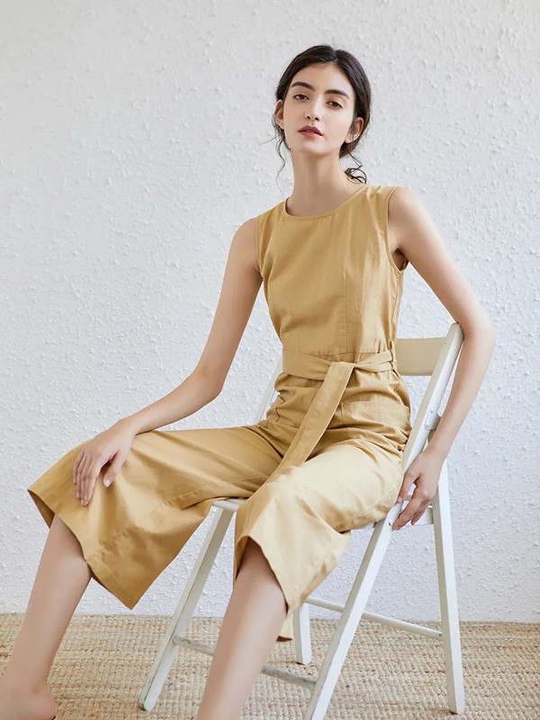 蓝珣2022春夏季黄色纯色阔腿裤