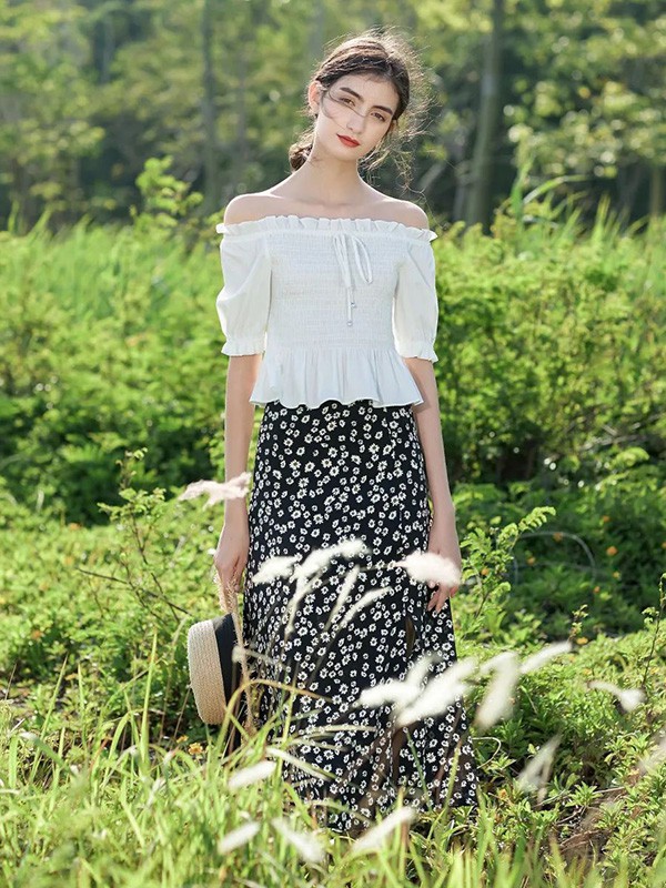 蓝珣2022春夏季黑色波点半身裙