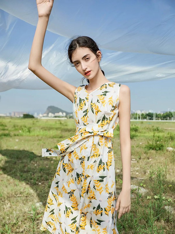 蓝珣2022春夏季白色印花连衣裙