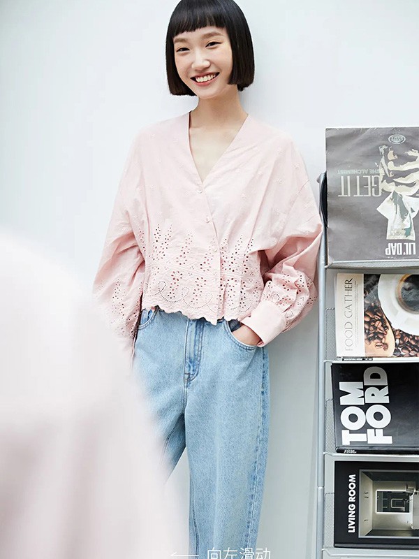 indicia女装2022春夏季粉色镂空上衣