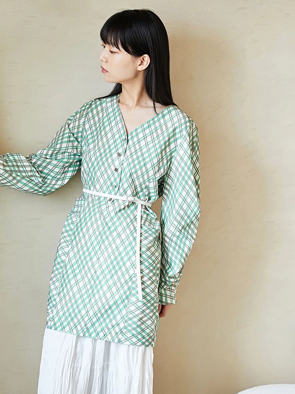 indicia女装2022春夏季绿色格子连衣裙