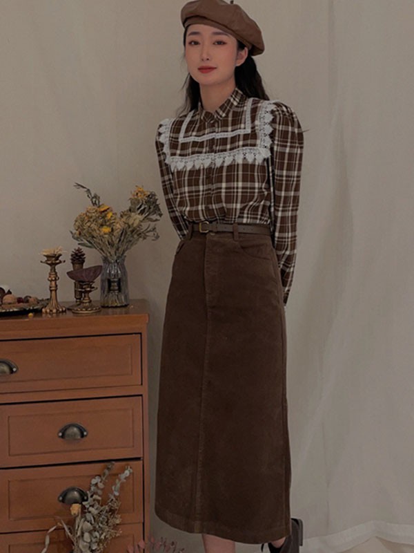 录上女装2021秋冬季咖啡色格子衬衫