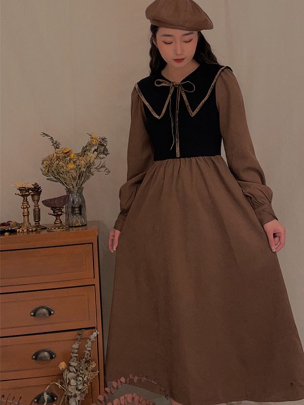 录上女装2021秋冬季咖啡色长款连衣裙