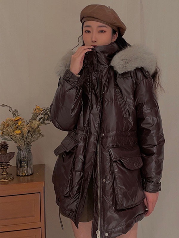 录上女装2021秋冬季咖啡色亮面棉服