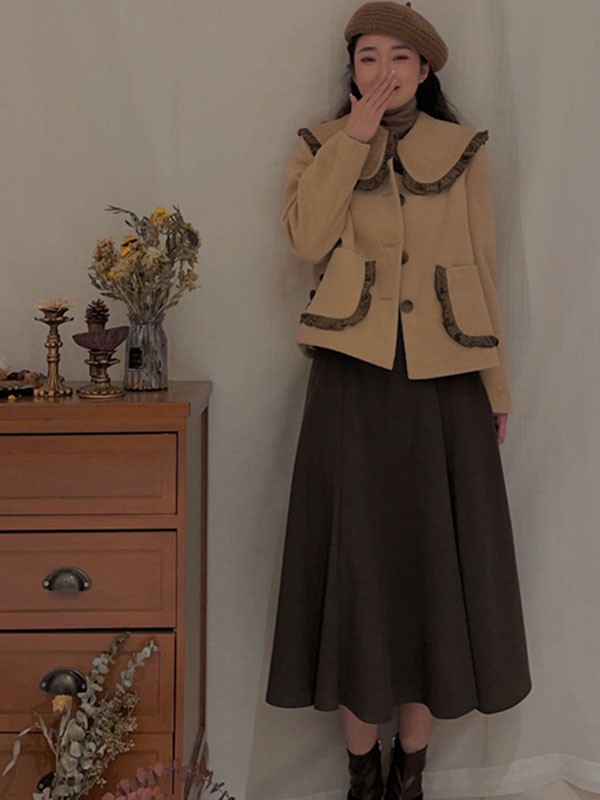 录上女装2021卡其色纯色大衣