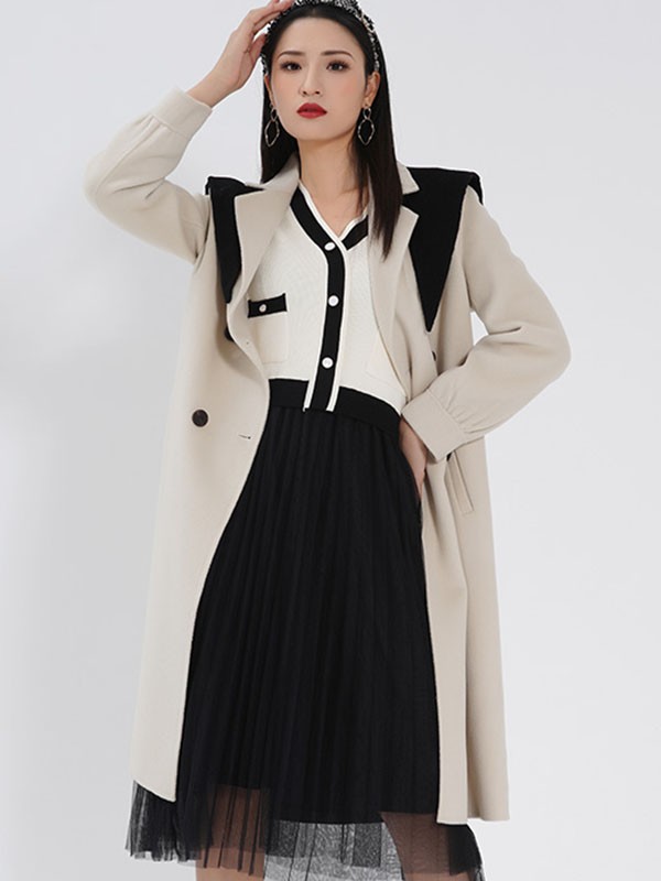 緹蜜TEME女装2021秋冬季米色纯色大衣