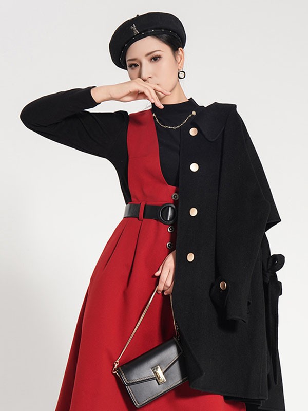 緹蜜TEME女装2021秋冬季酒红色纯色连衣裙