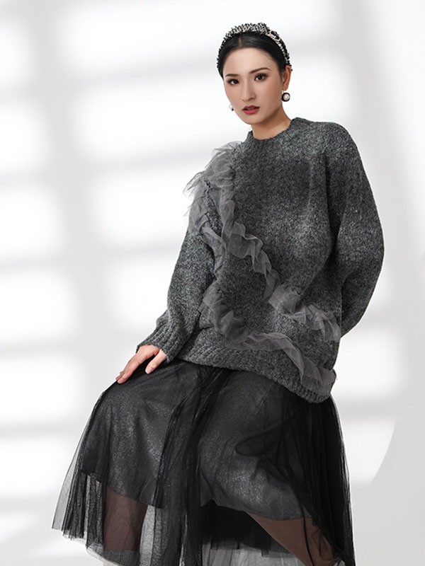 緹蜜TEME女装2021秋冬季灰色荷叶边毛衣