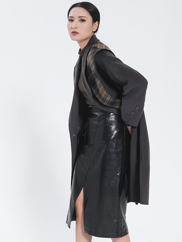 緹蜜TEME女装2021秋冬季黑色开叉半身裙