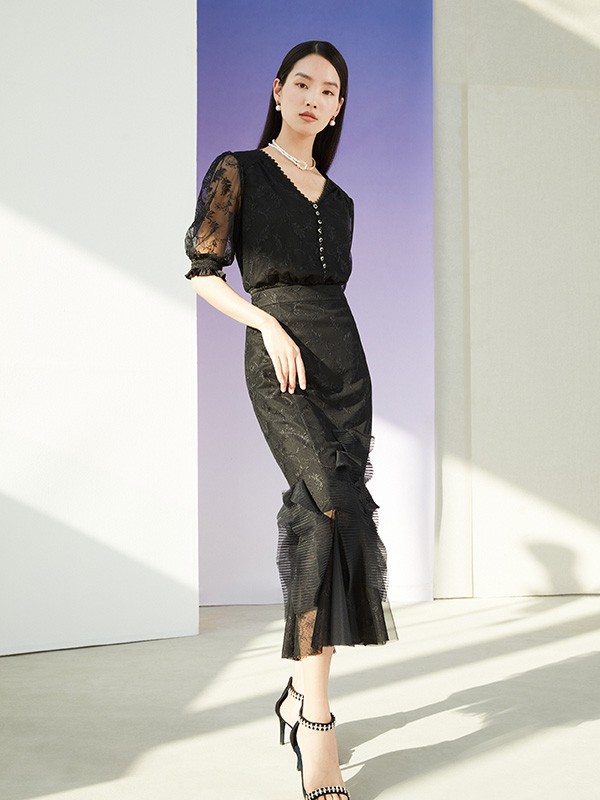 JIAFENSTYLISH2022春夏季黑色长款包臀裙