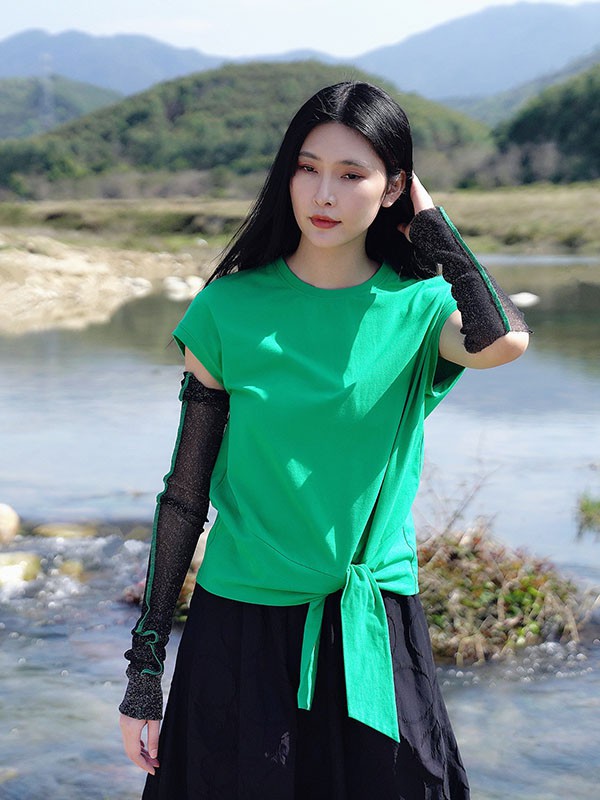 底色2022春夏季绿色蝴蝶结T恤