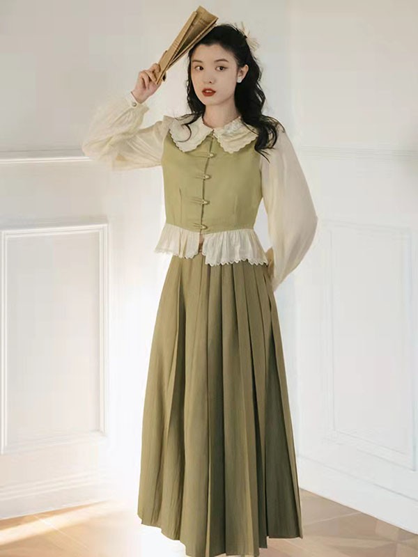 诗图思女装2022春夏季绿色长款长裙