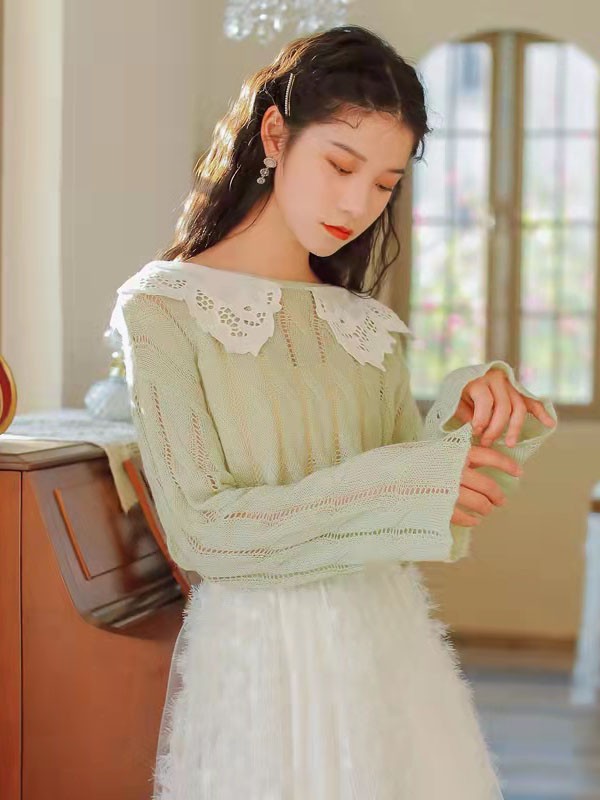 诗图思女装2022春夏季绿色娃娃领针织衫