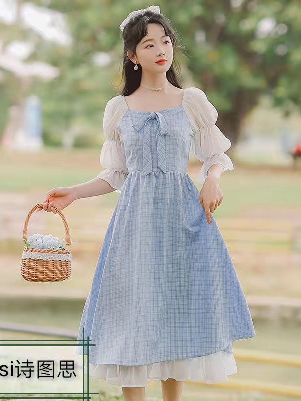 诗图思女装2022春夏季蓝色格子连衣裙