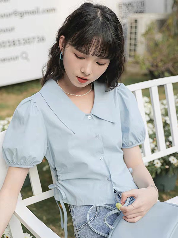 诗图思女装2022春夏季卡其色泡泡袖衬衫裙