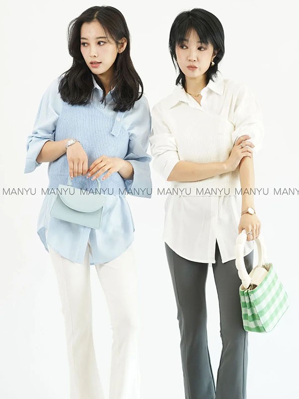 亲密鳗鱼2022春夏季蓝色纯色衬衫