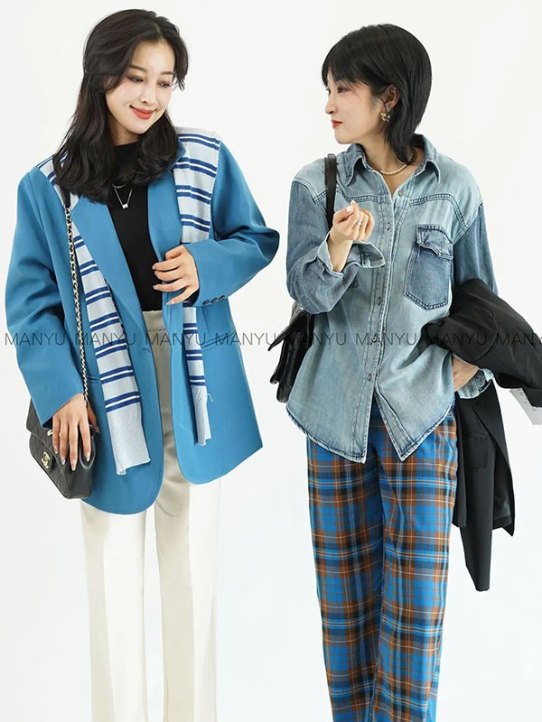 亲密鳗鱼2022春夏季蓝色格子长裤