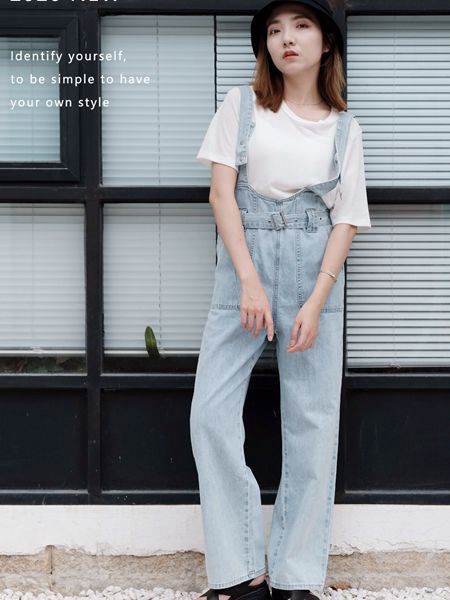 初绱女装2022春夏季浅蓝色纯色背带裤